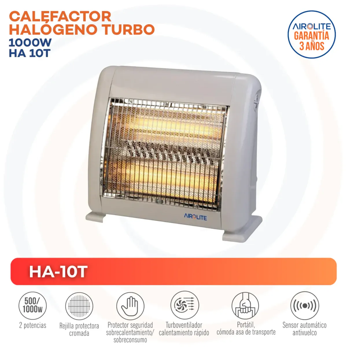 AIROLITE - Calefactor Halógeno 1000 W Radiación Turbo Blanco