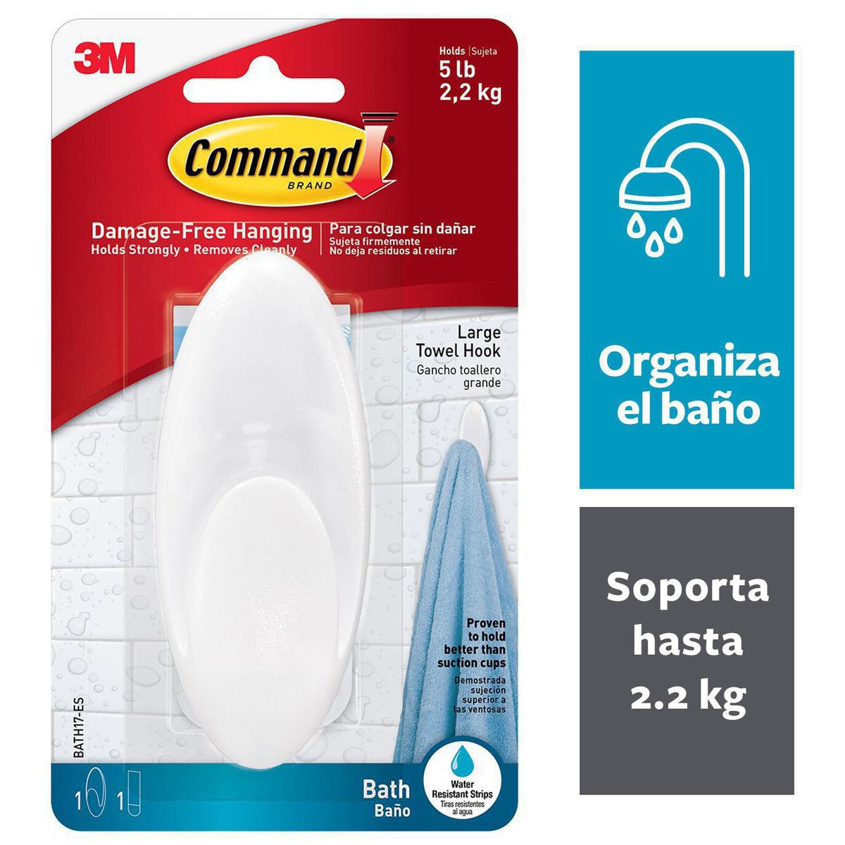 COMMAND - Gancho para Baño con Tiras Impermeables Grande Blanco