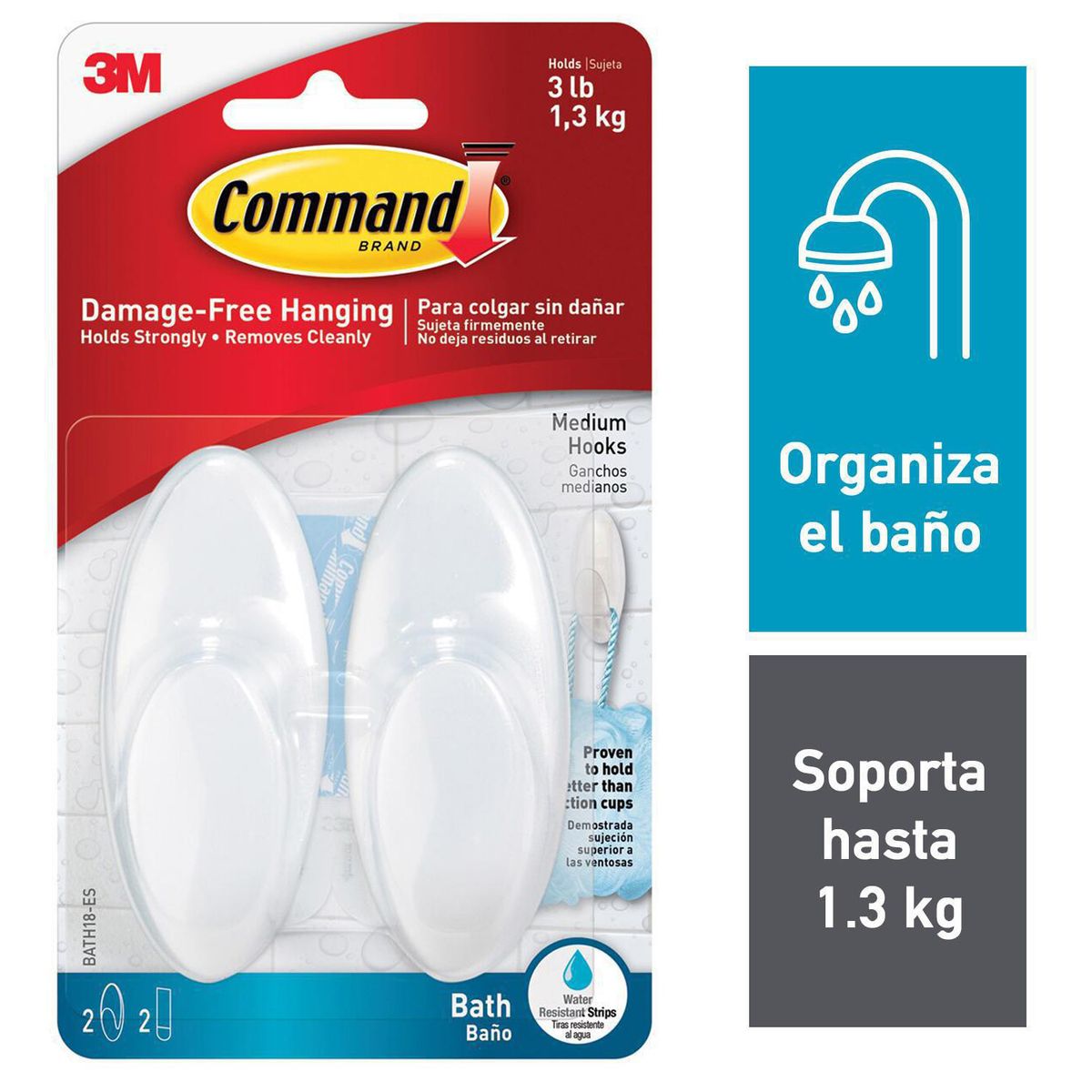 COMMAND - Gancho para Baño con Tiras Impermeables Mediano Blanco