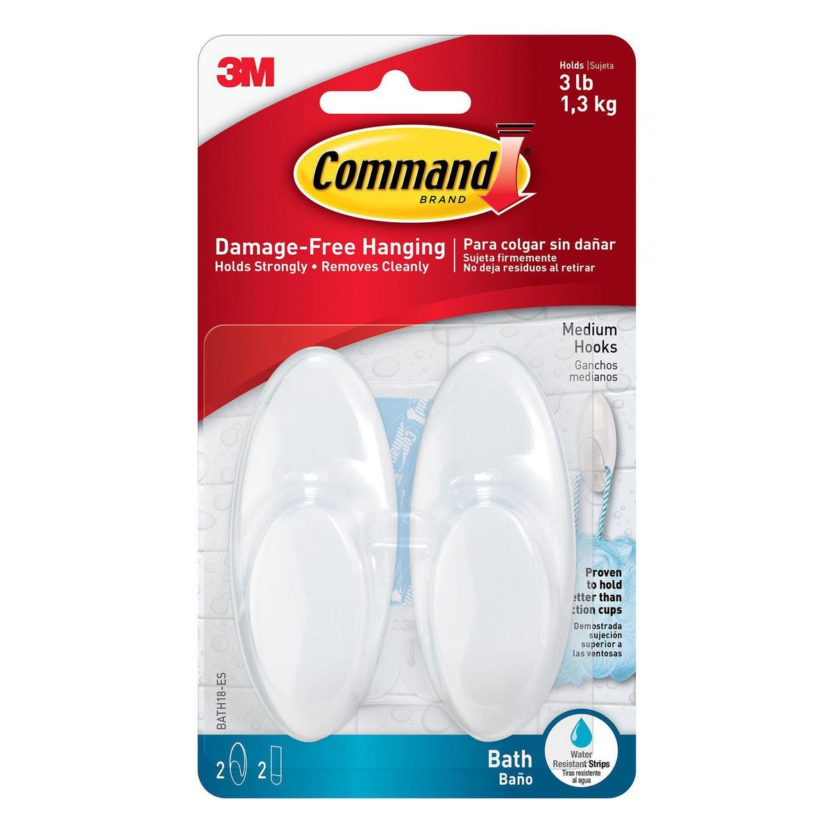 COMMAND - Gancho para Baño con Tiras Impermeables Mediano Blanco