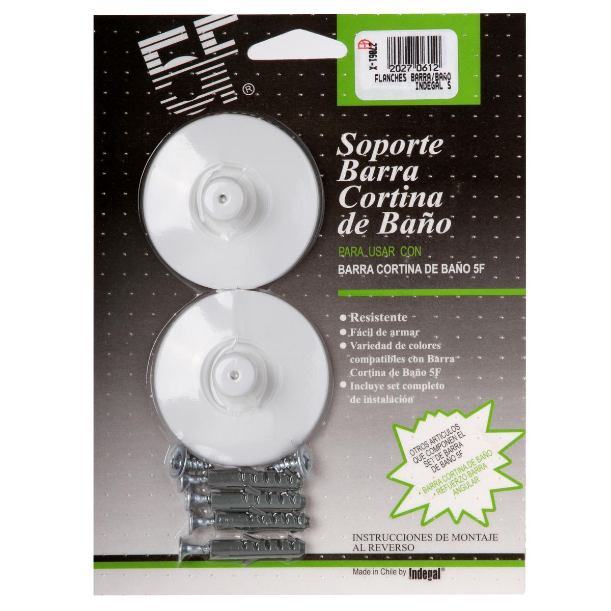 INDEGAL - Soporte para barra 2 piezas plástico blanco