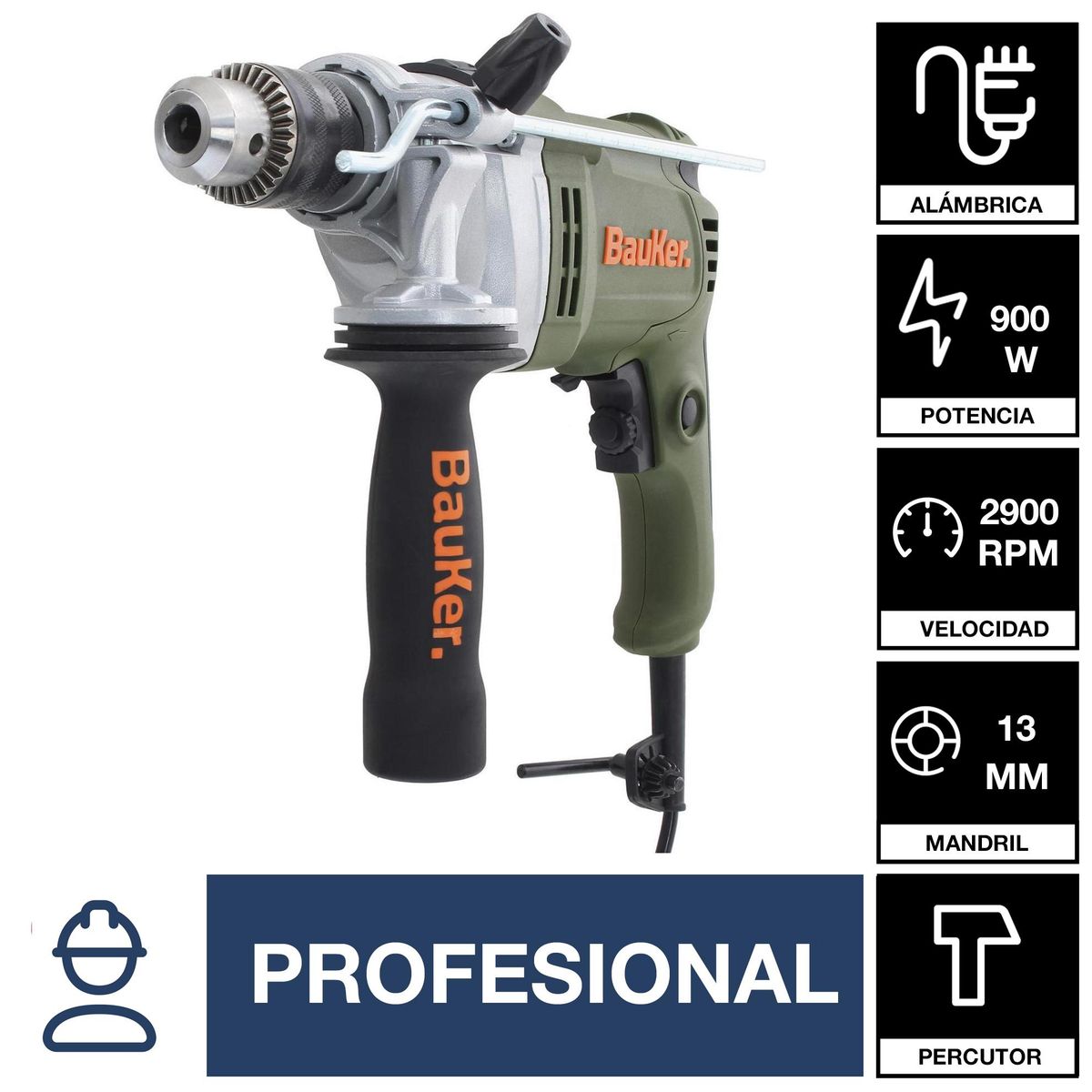 BAUKER - Kit Taladro Percutor 13 mm 900 W 220 V