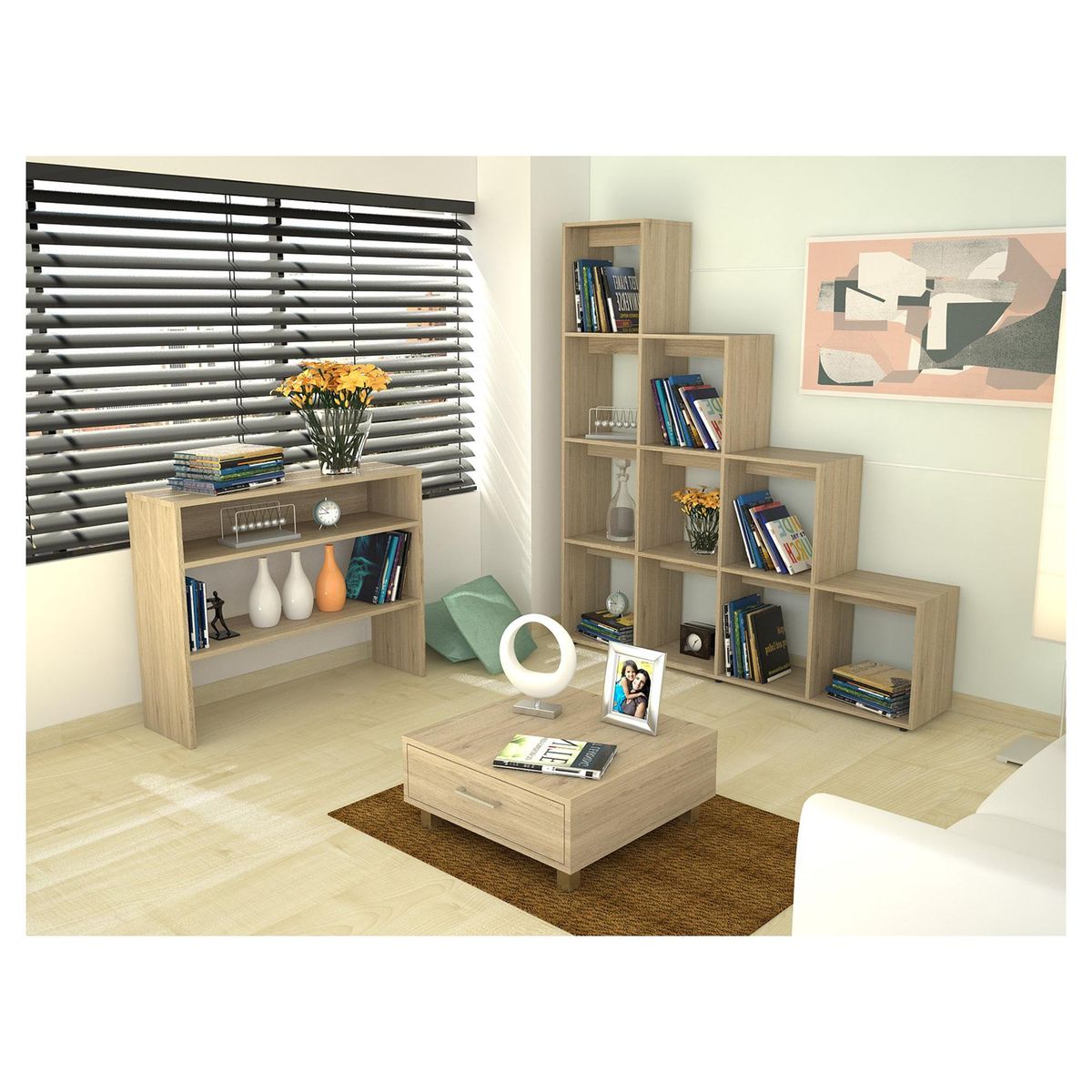 TUHOME - Combo biblioteca + arrimo + mesa de centro