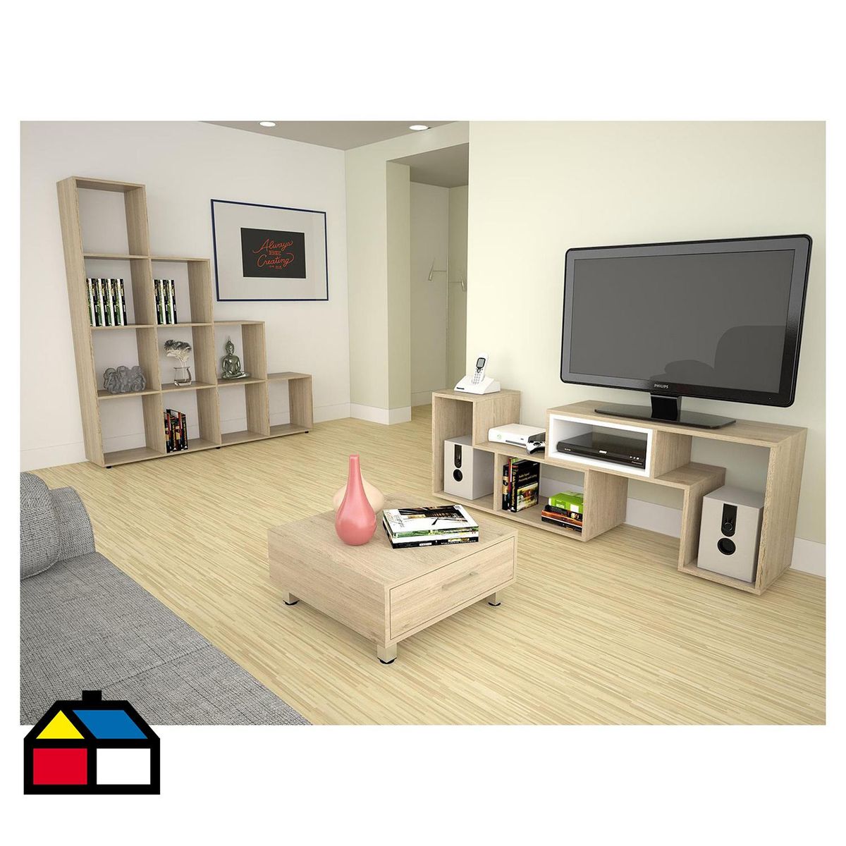 TUHOME - Combo Rack De Tv + Biblioteca + Mesa De Centro Oak