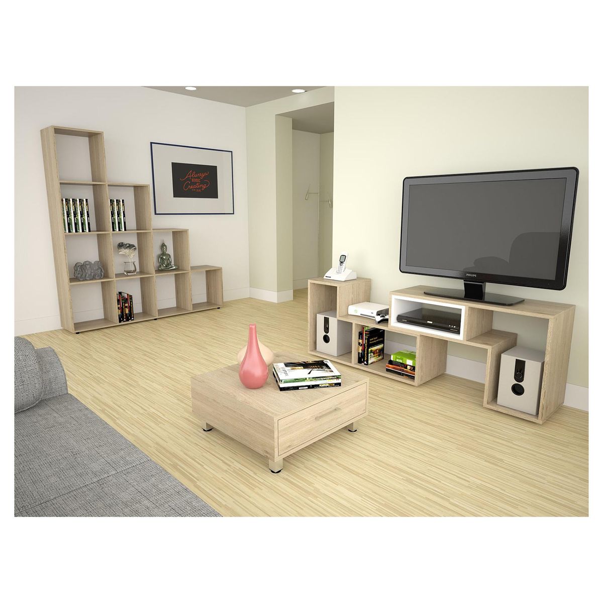 TUHOME - Combo Rack De Tv + Biblioteca + Mesa De Centro Oak