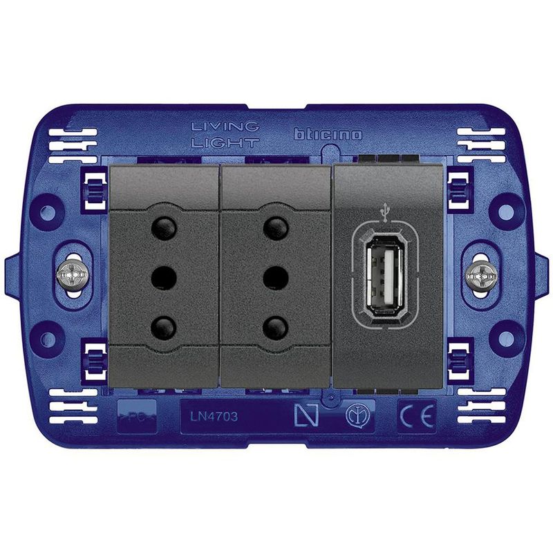 BTICINO - Tomacorriente doble 10A + 1 USB 1,5A Semi armado Antracita