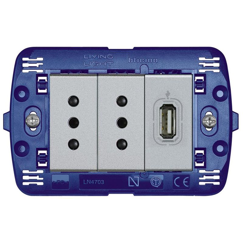 BTICINO - Tomacorriente doble 10 A + 1 USB 1,5A Semi armado Tech