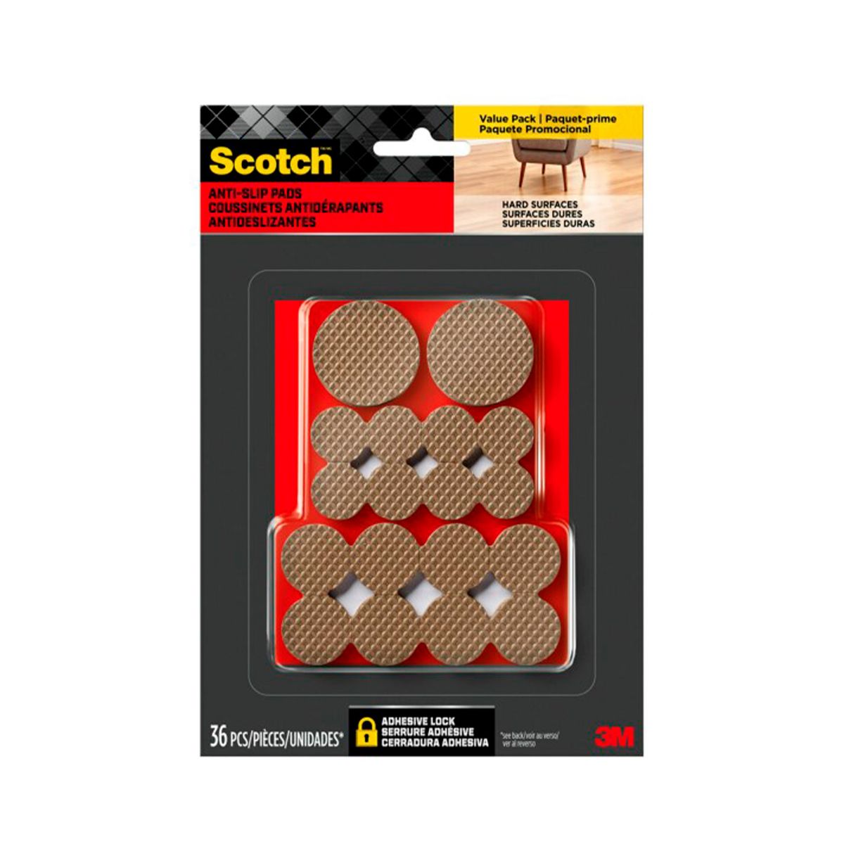 SCOTCH - Pack Fieltros Antideslizantes Multitamaños Marrón 36 unidades