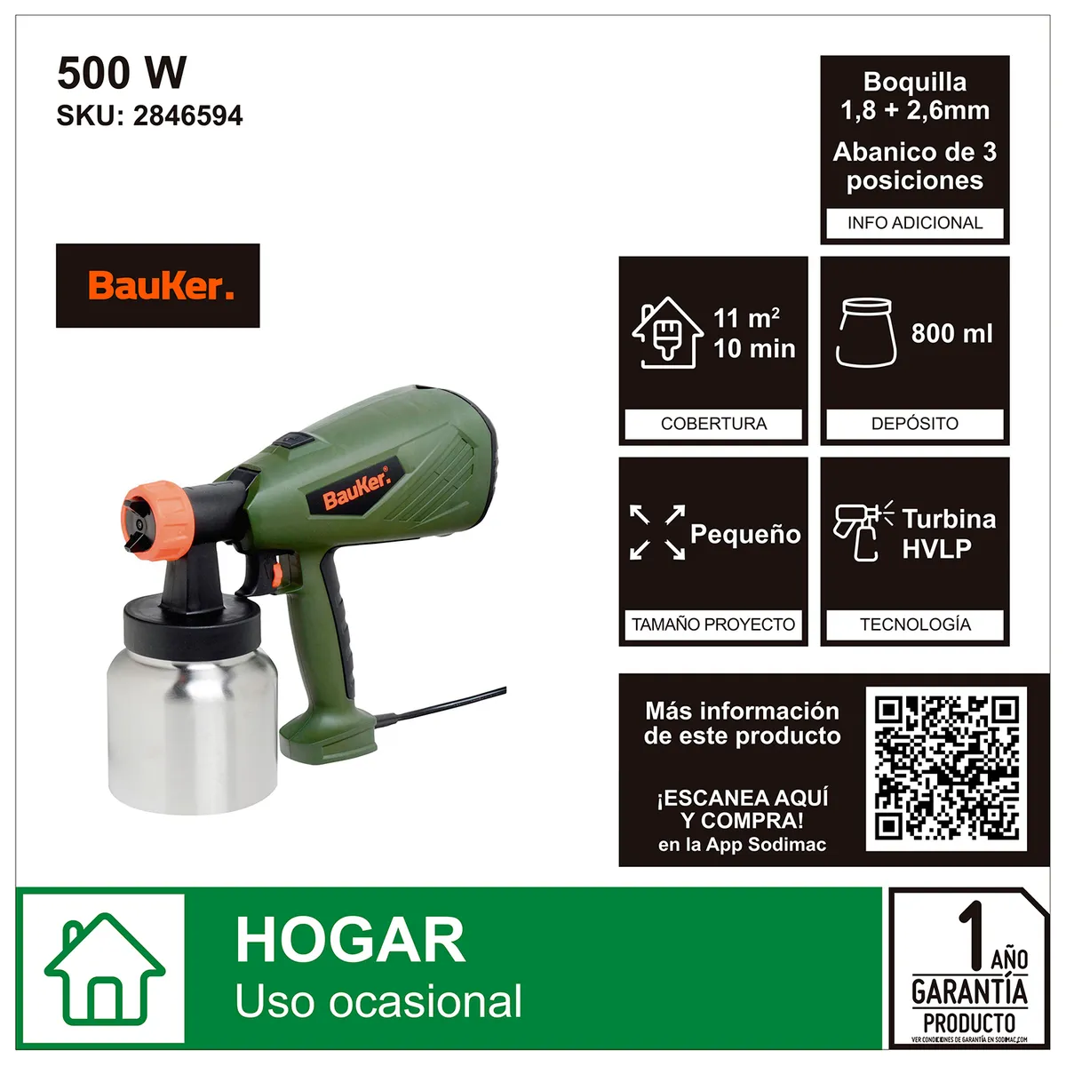 BAUKER - Pistola para Pintar Bauker 500w 800 ml Hogar Bricolaje