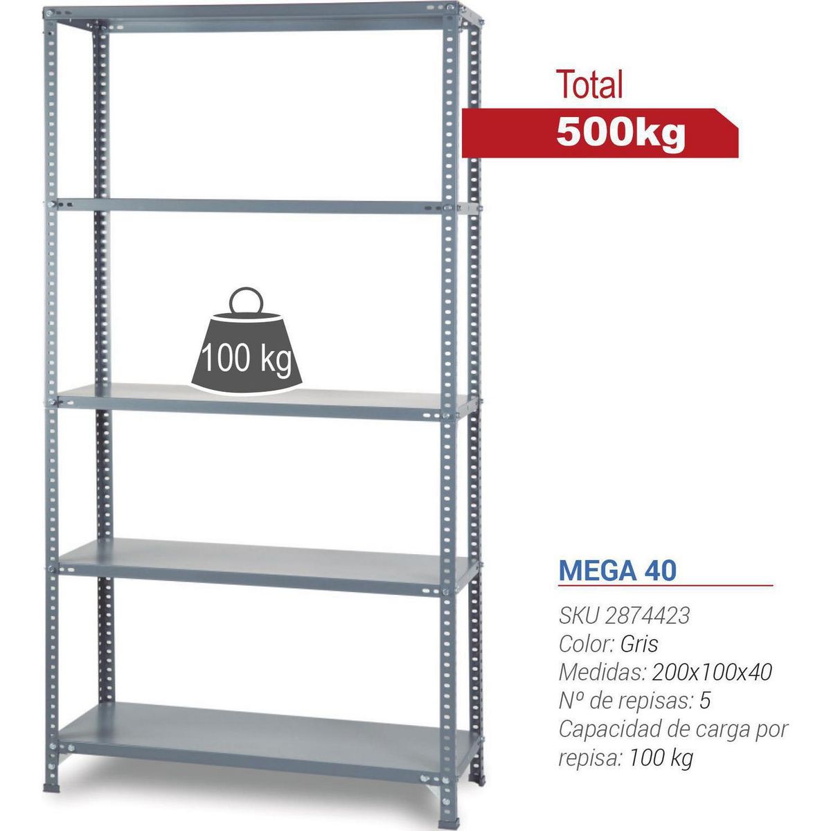 FIXSER - Estante Mega Metal 5 Nivel(es) 100x200x40 cm Gris
