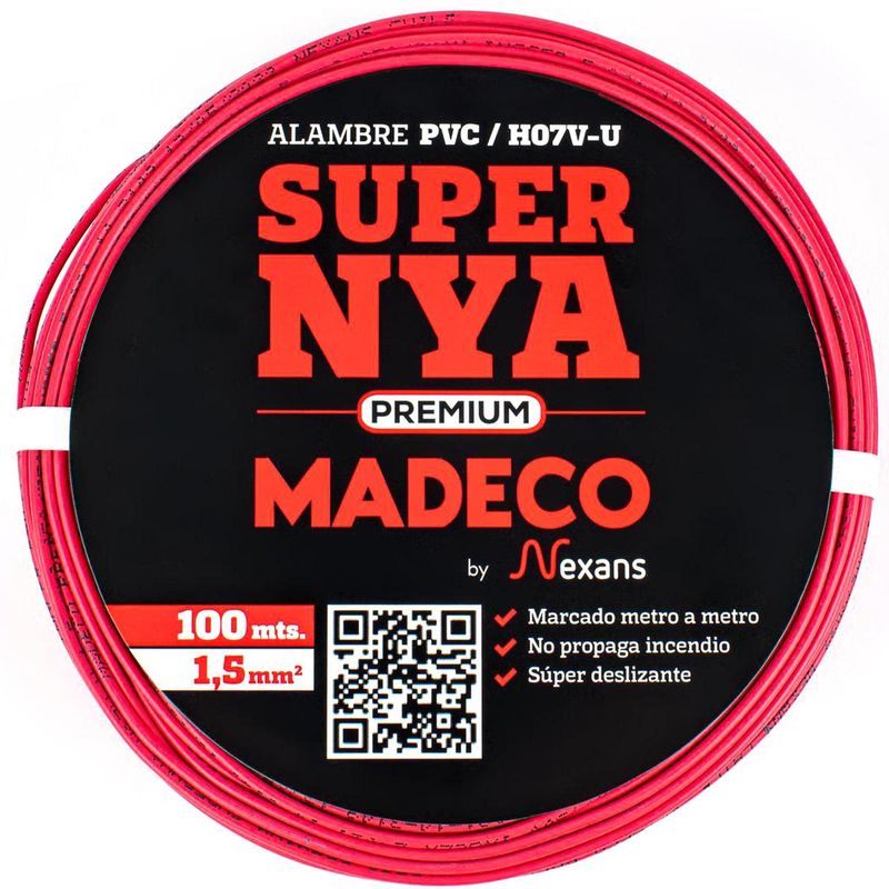 MADECO - Alambre de Cobre Aislado Premium H07V-U 1x1,5 mm2 100 metro(s) Rojo