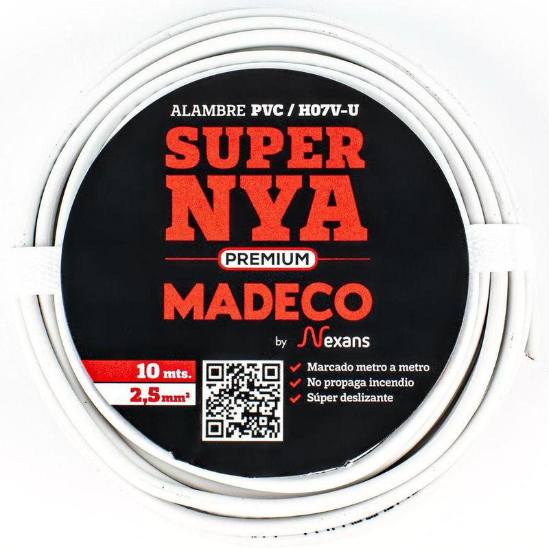MADECO - Alambre de cobre aislado Premium (H07V-U) 2,5 mm2 10 m Blanco