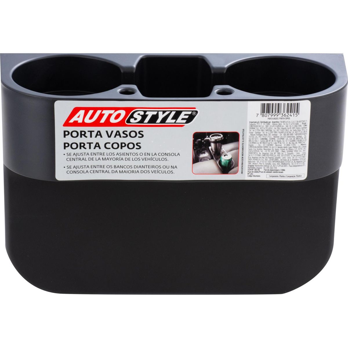 AUTOSTYLE - Posavasos doble para auto plástico 28x9,5x20 cm negro