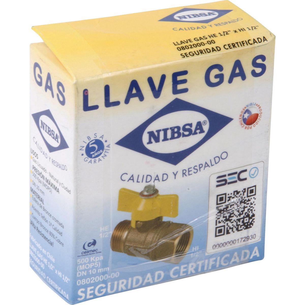 NIBSA - Llave de paso gas 1/2" HI-HE bronce
