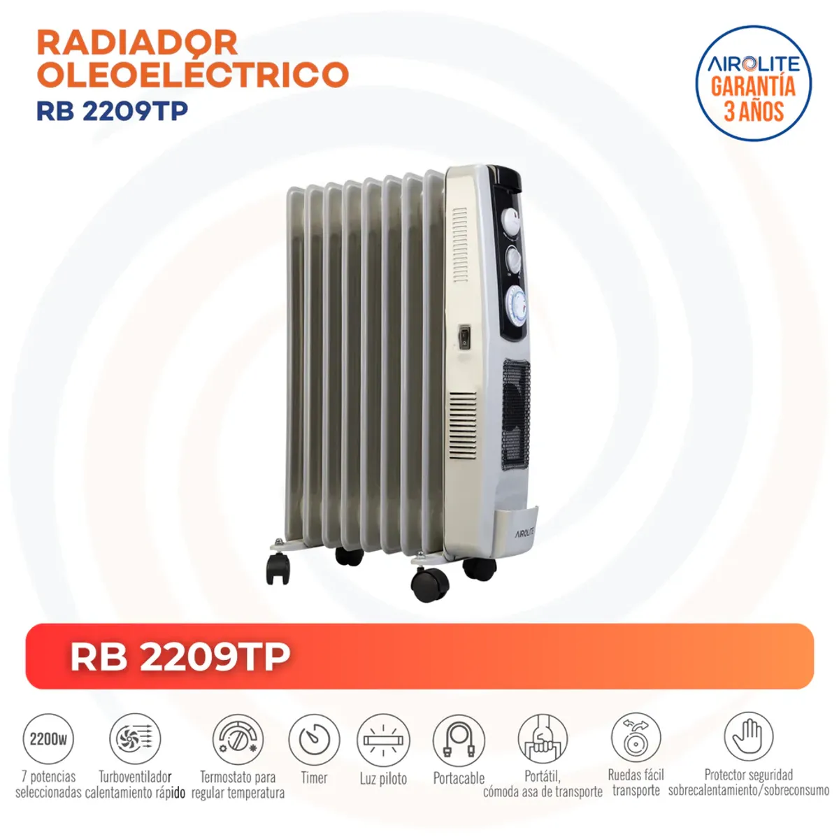 AIROLITE - Calefactor 2200 W Oleoeléctrica RB 2209TP Gris