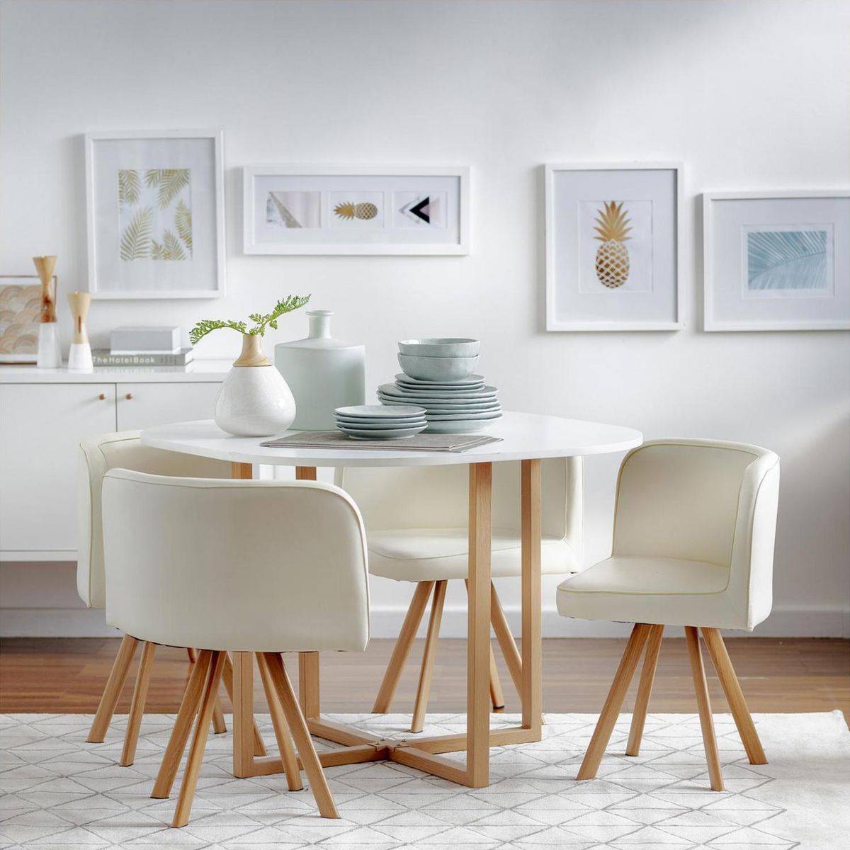 JUST HOME COLLECTION - Juego de Comedor Sven 4 Sillas Mesa Cuadrada 100x75x100 cm Blanco