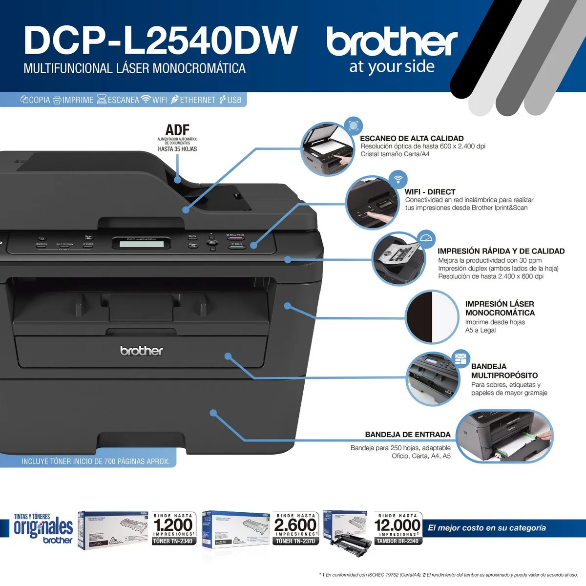 BROTHER - Impresora multifuncional laser DCP-L2540DW
