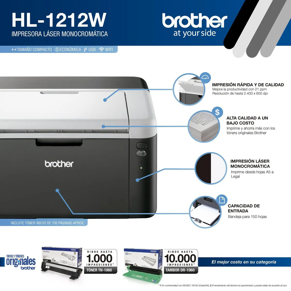 BROTHER - Impresora Láser monocromática HL1212W Negro