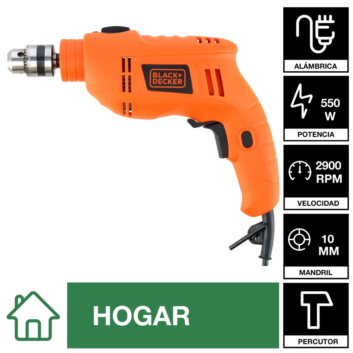 BLACK+DECKER - Taladro Percutor Eléctrico 10 mm 550 W 220 V