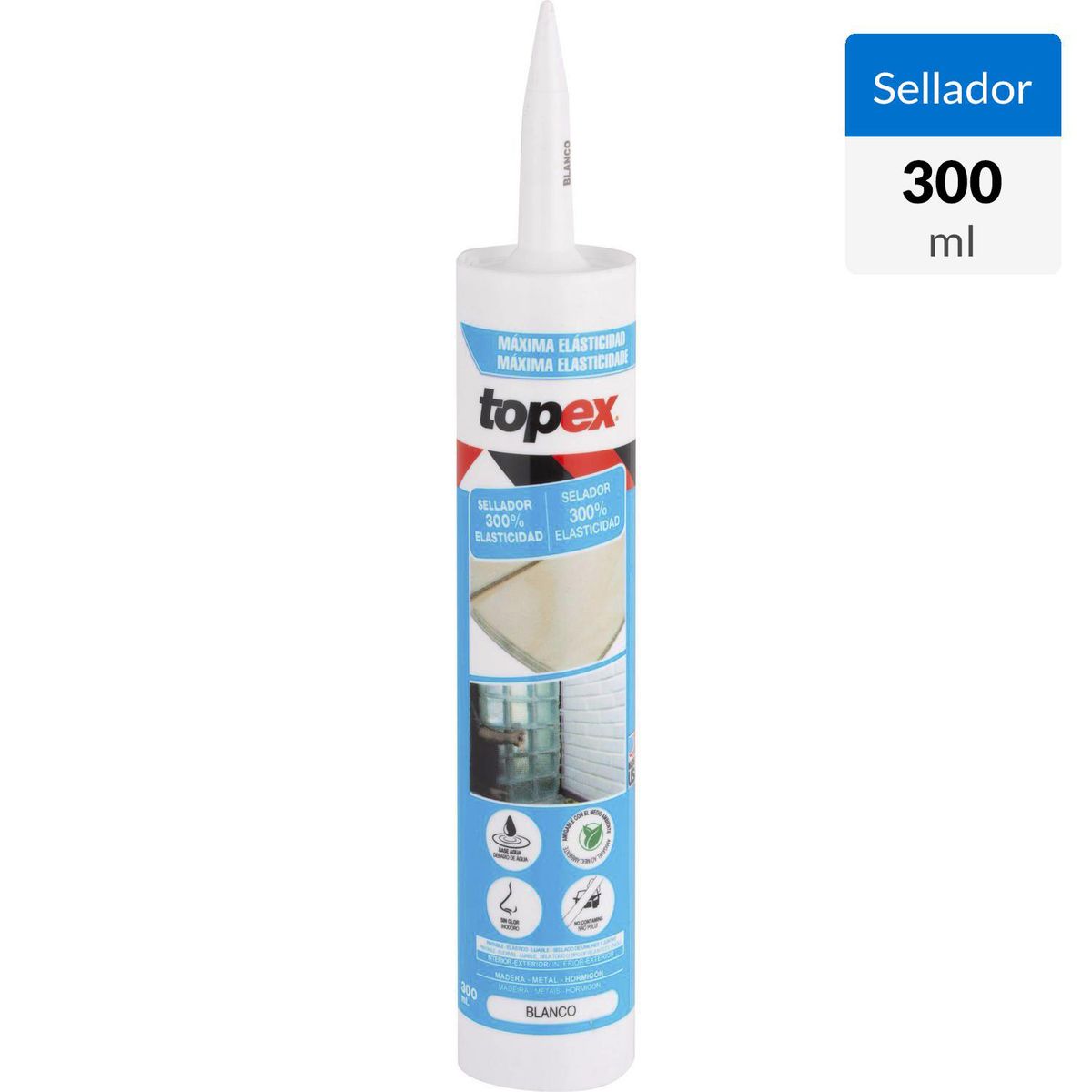 TOPEX - Sellador Elástico Topex 300 ml Multiuso Blanco con Fungicida y Filtro Uv