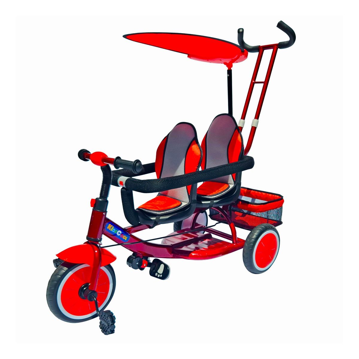 KIDSCOOL - Triciclo Doble con manilla y toldo Rojo Desde 1 año