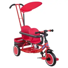 KIDSCOOL - Triciclo Doble con manilla y toldo Rojo Desde 1 año