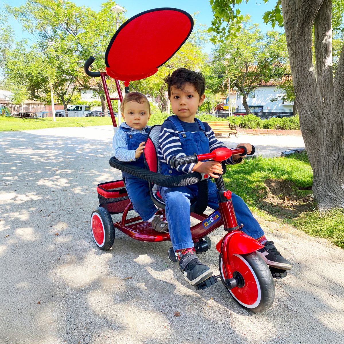 KIDSCOOL - Triciclo Doble con manilla y toldo Rojo Desde 1 año
