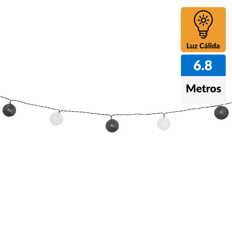 JUST HOME COLLECTION - Guirnalda solar bolas blanco y negro 20 luces led