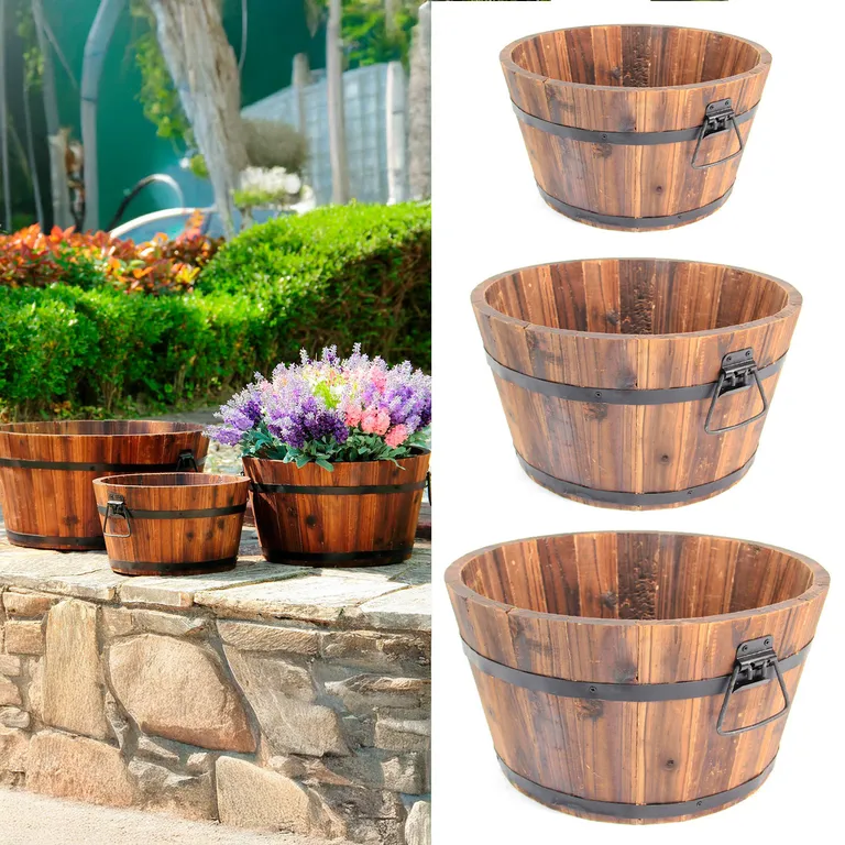 Set 3 Maceteros de Madera Tipo Barril