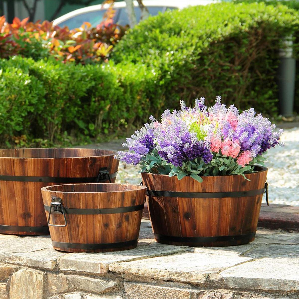 CASA BONITA - Set 3 Maceteros de Madera Tipo Barril