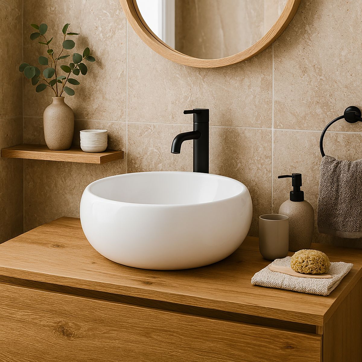 SENSI DACQUA - Lavamanos Ovalín Forma Redonda Loza 40x15x40 cm Blanco