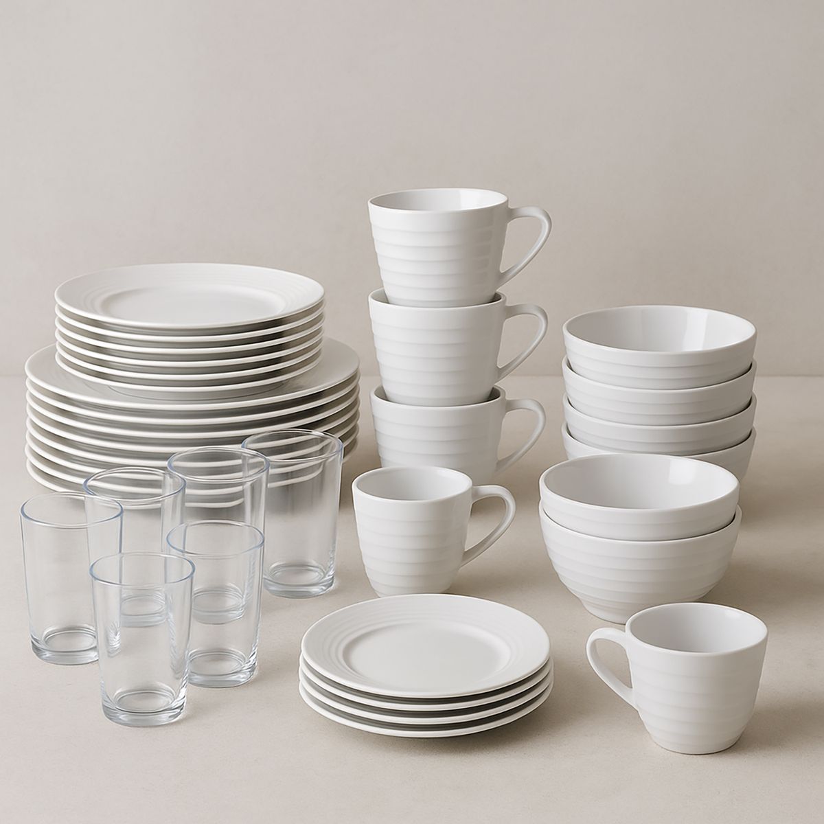  - Combo Juego de Loza 25 Piezas Vajilla Ring 6 Personas + Vasos Vidrio