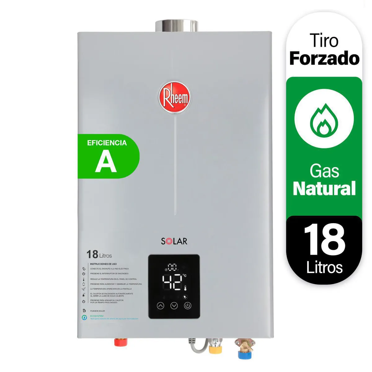 RHEEM - Calefont Gas Natural 18 Litros Tiro Forzado Ionizado