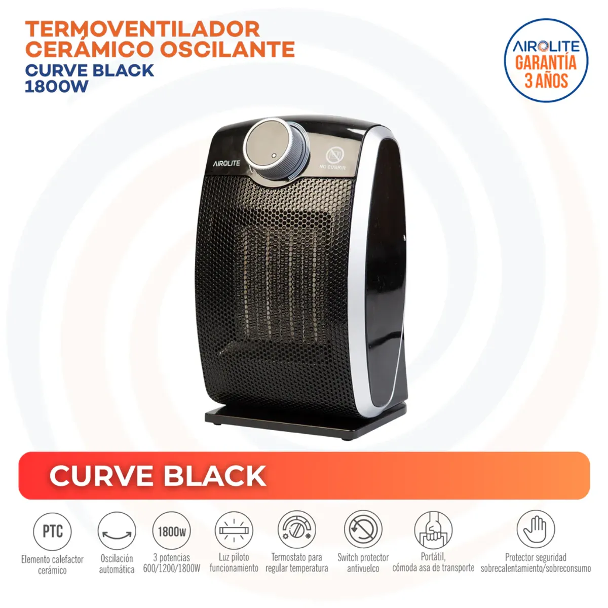 AIROLITE - Termoventilador Eléctrico 1800 W Curve Black Negro