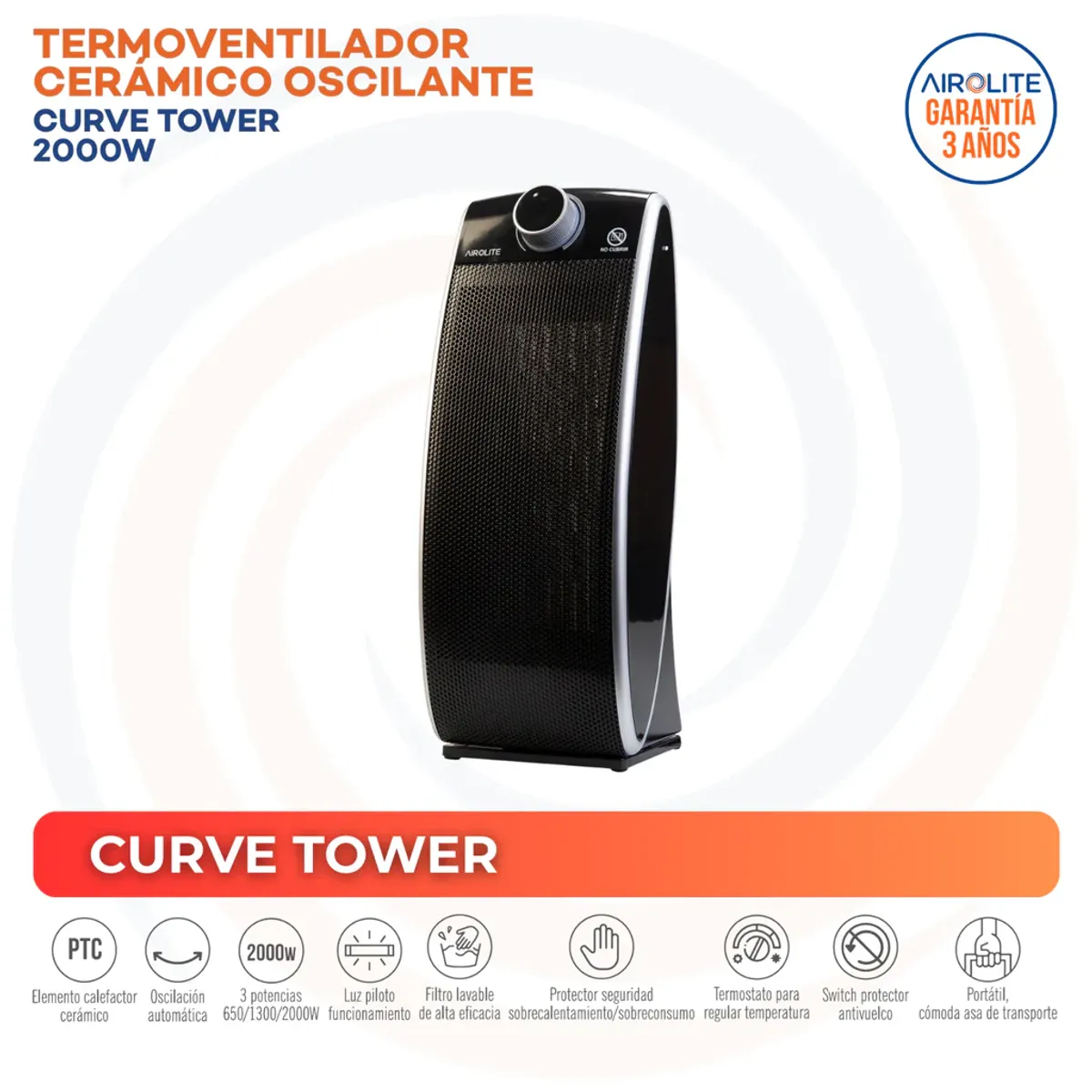 AIROLITE - Termoventilador Eléctrico 2000 W CurveTower Negro