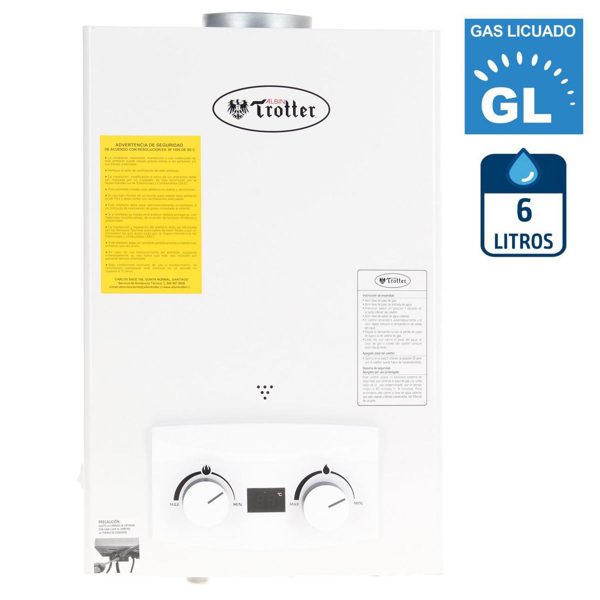 ALBIN TROTTER - Calefon Gas Licuado 6 Litros Tiro Natural Ionizado