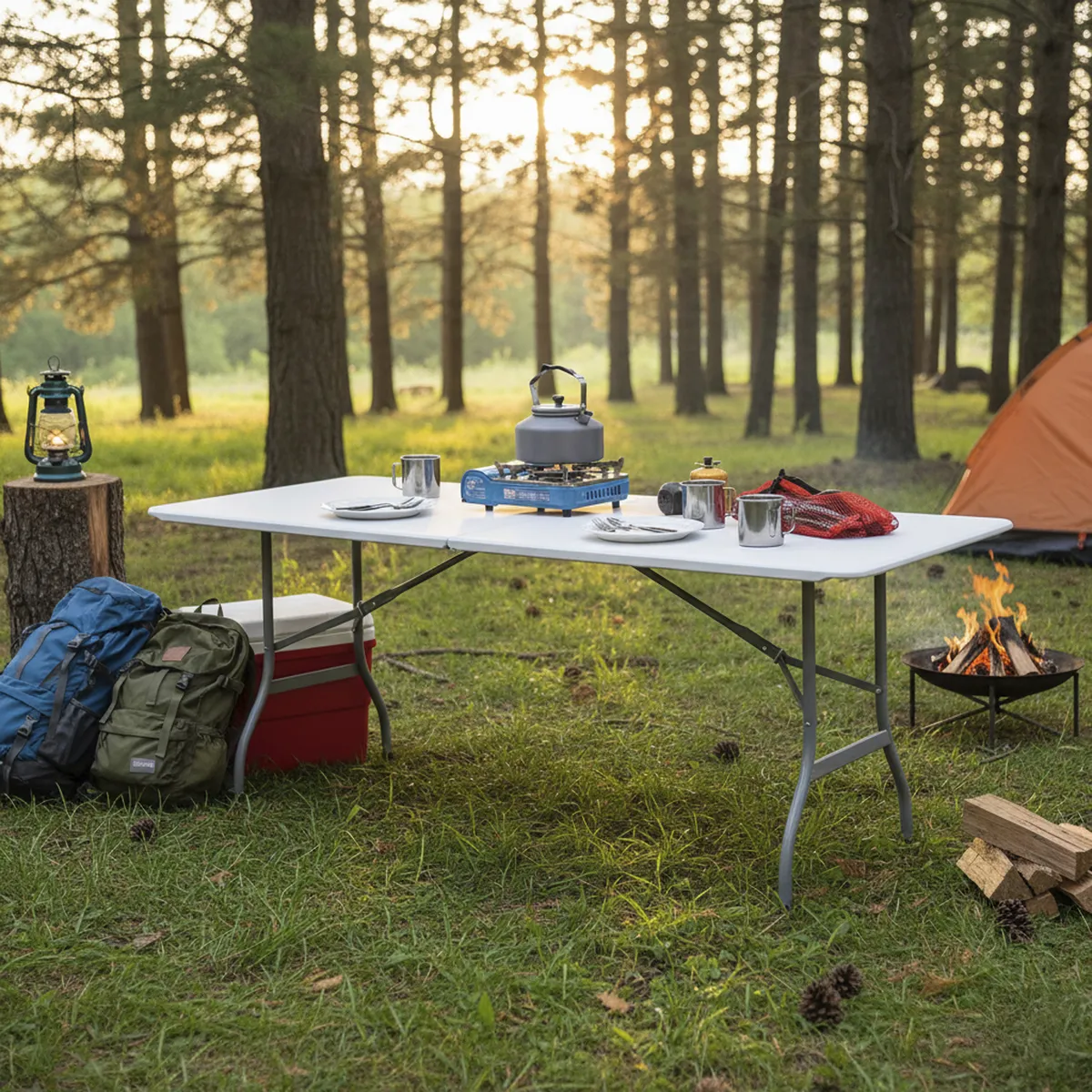 JUST HOME COLLECTION - Mesa Plegable Tipo Maleta Rectangular Acero 75x74x244 cm blanco