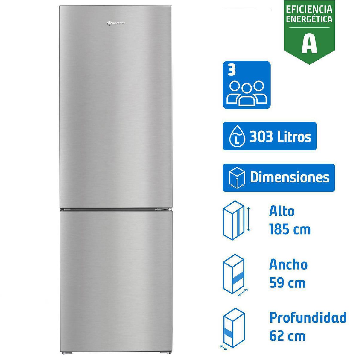MADEMSA - Refrigerador Bottom Freezer Frío Directo 303 Litros Inox Nordik 480 Plus