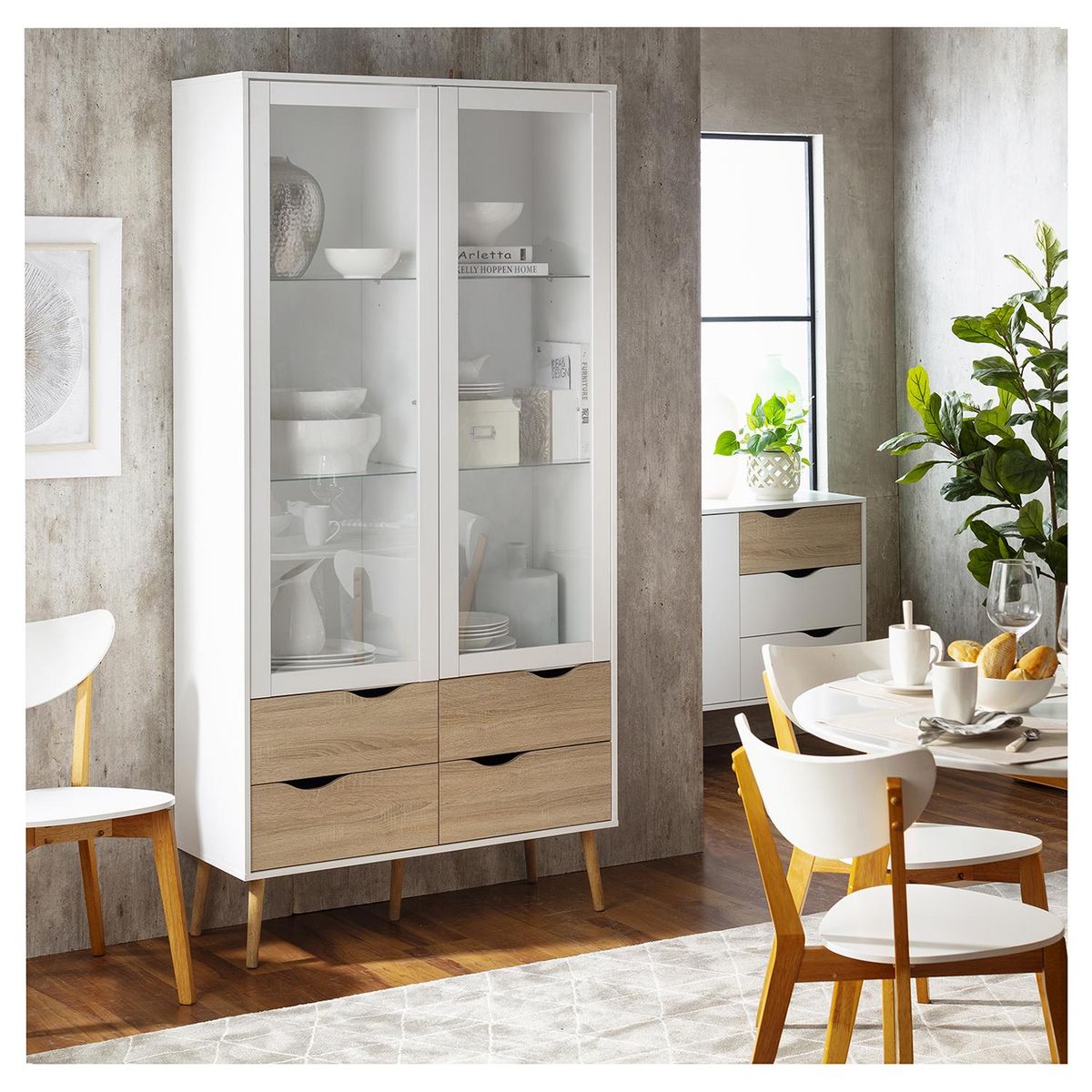 TVILUM - Vitrina Oslo 98x39x200 cm blanco/oak