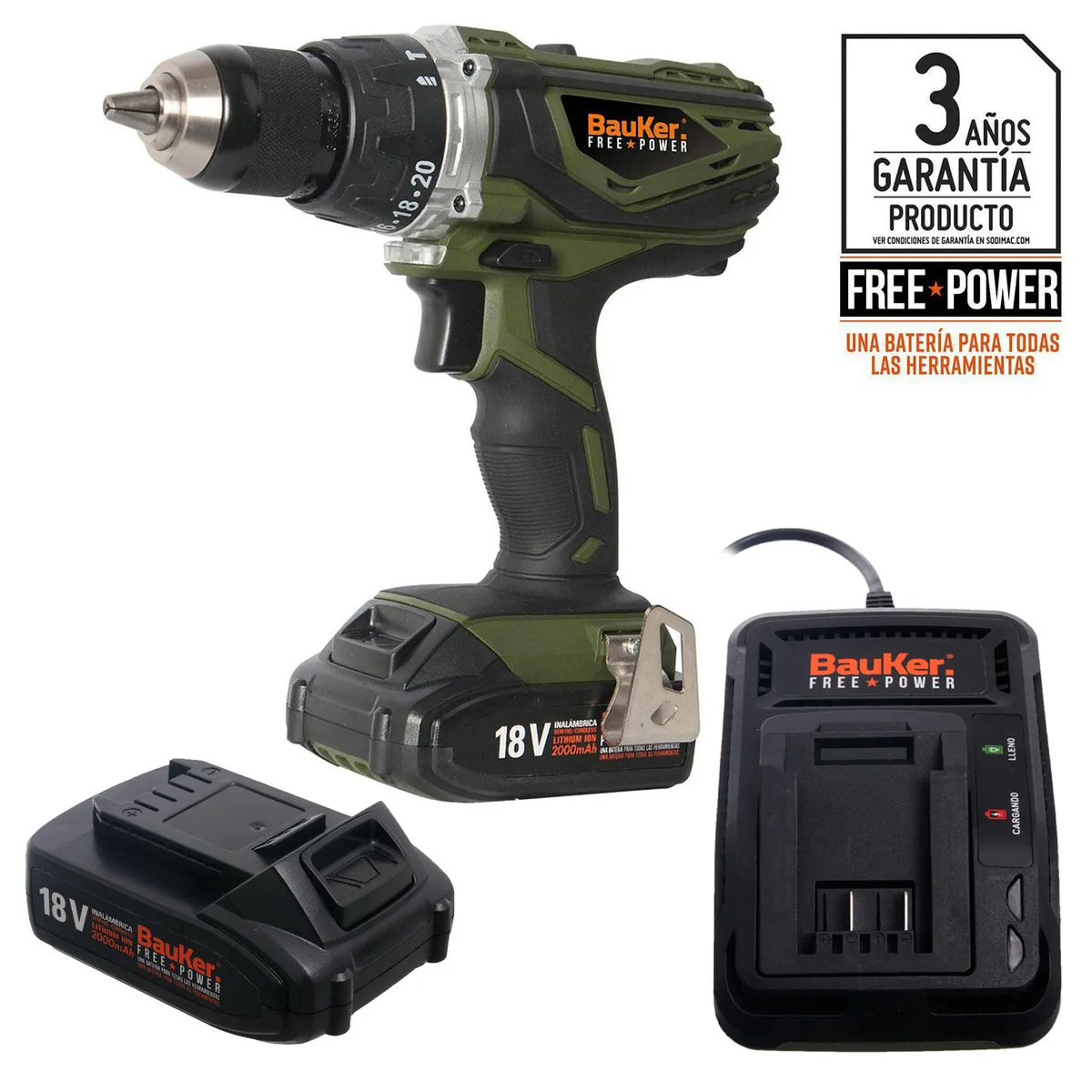 BAUKER - Taladro Inalámbrico Percutor 13 mm 18V + 2 Baterías + Cargador