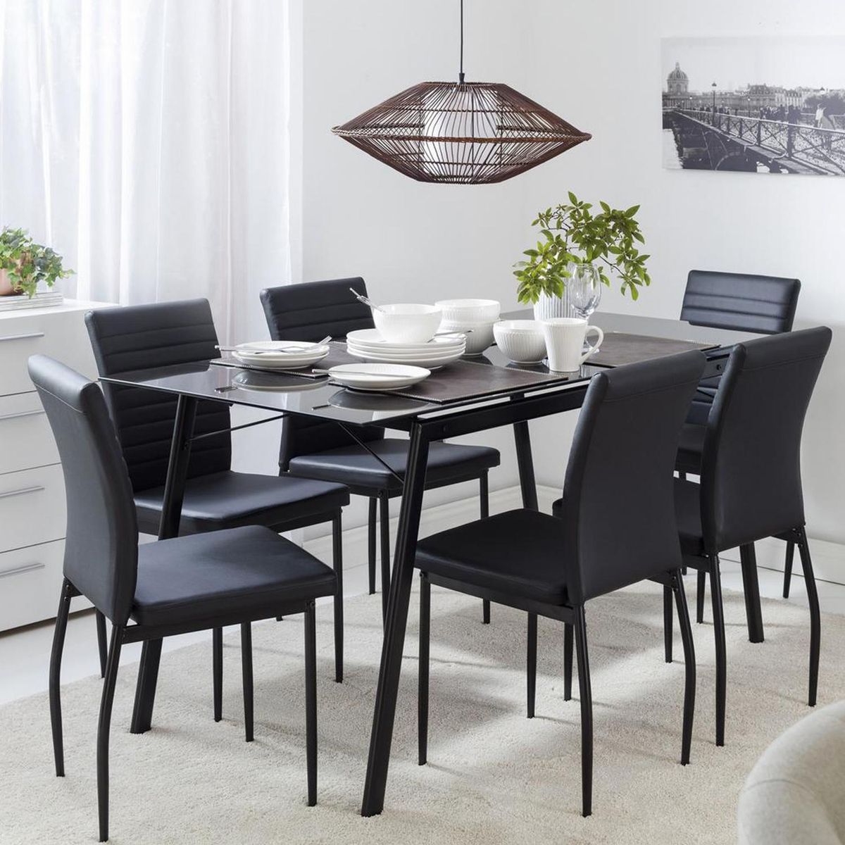 JUST HOME COLLECTION - Juego de Comedor Dartagnan 6 Sillas Mesa Rectangular 78x78x160 cm Negro