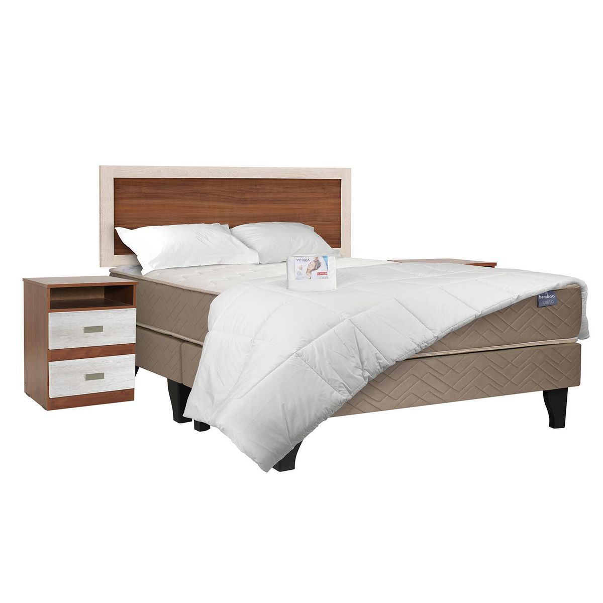 CELTA - Combo Iberico Bamboo Base + colchón + respaldo + 2 veladores + textil