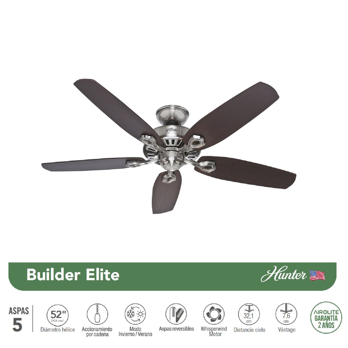 HUNTER - Ventilador de Techo Acero/Madera 5 aspas Elite