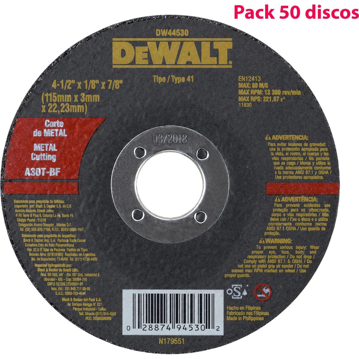 DEWALT - Pack 50 Discos Corte Metal 4,5" Grano Abrasivo