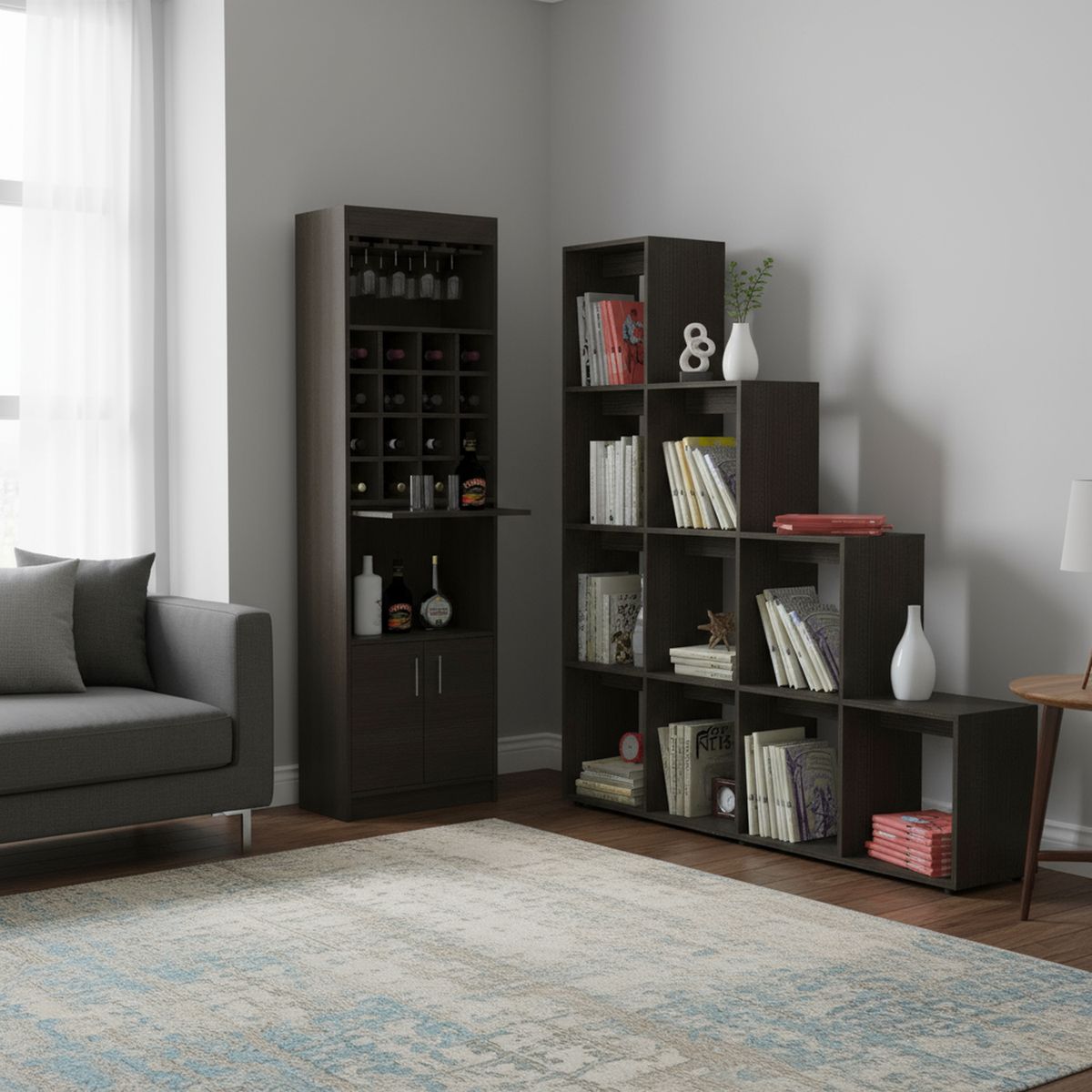 TUHOME - Combo mueble de bar + biblioteca escalera madera wengué