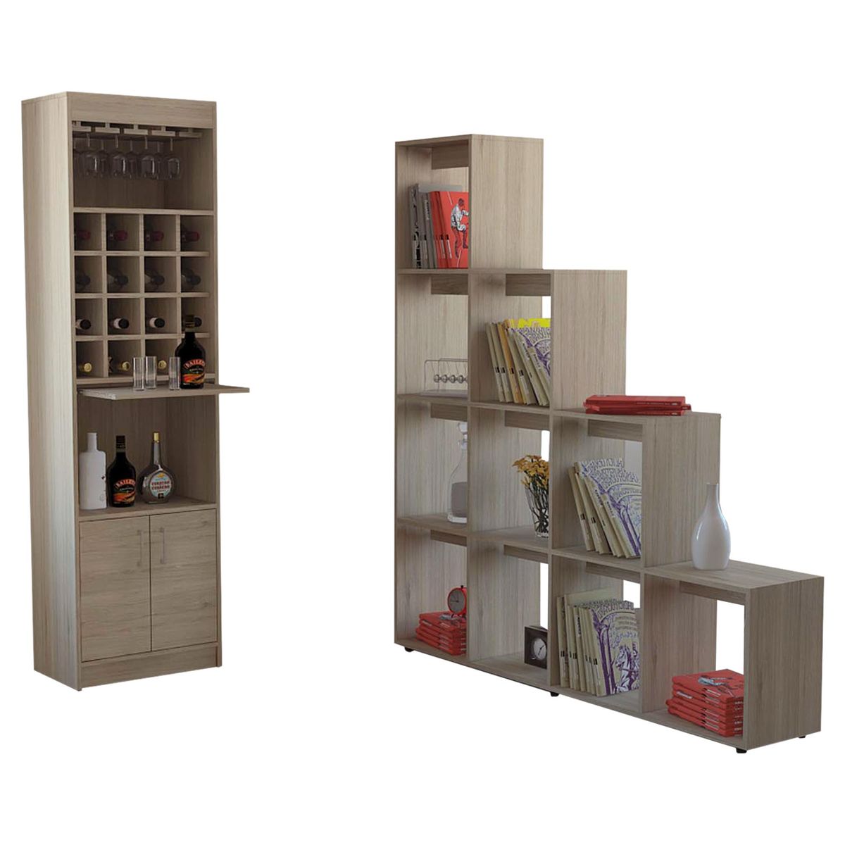 TUHOME - Combo mueble de bar + biblioteca escalera madera Rovere