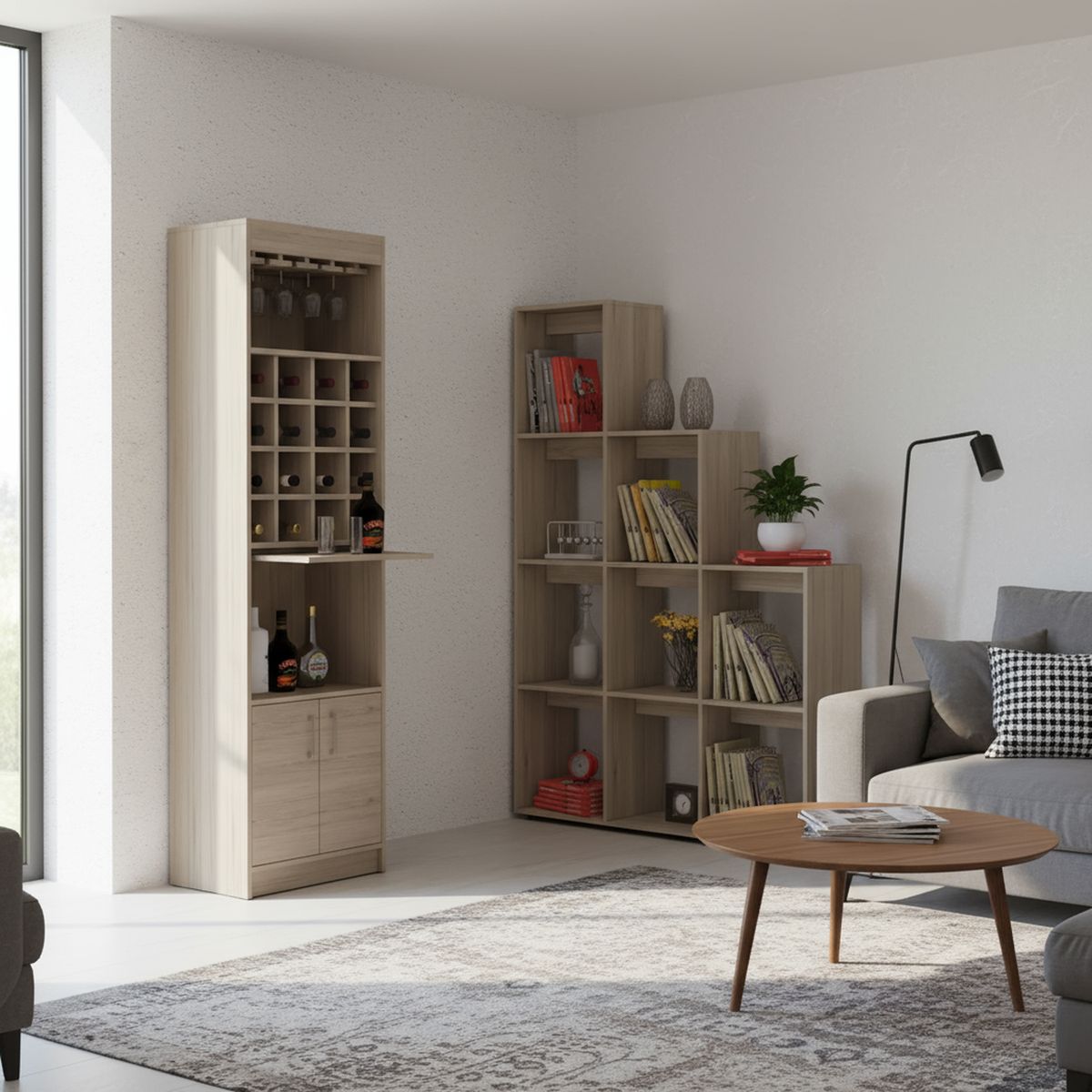 TUHOME - Combo mueble de bar + biblioteca escalera madera Rovere