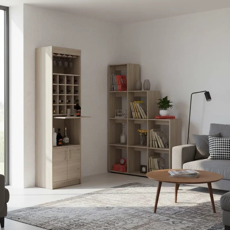 TUHOME - Combo mueble de bar + biblioteca escalera madera Rovere
