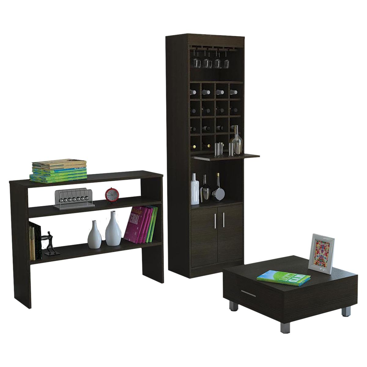 TUHOME - Combo mueble de bar + arrimo + mesa de centro madera wengué