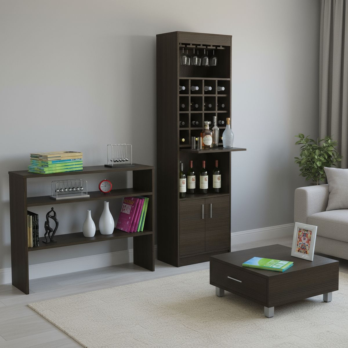 TUHOME - Combo mueble de bar + arrimo + mesa de centro madera wengué